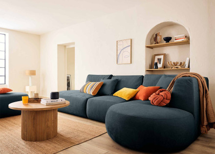 Canapé modulable d'angle droit avec pouf 5 places en tissu texturé Santorini