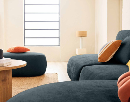 Canapé modulable d'angle droit avec pouf 5 places en tissu texturé Santorini