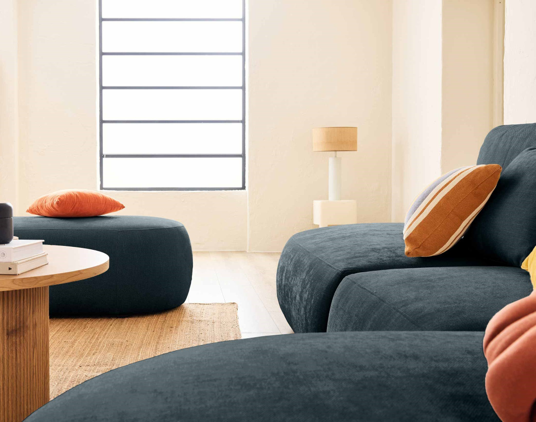 Canapé modulable d'angle droit avec pouf 5 places en tissu texturé Santorini