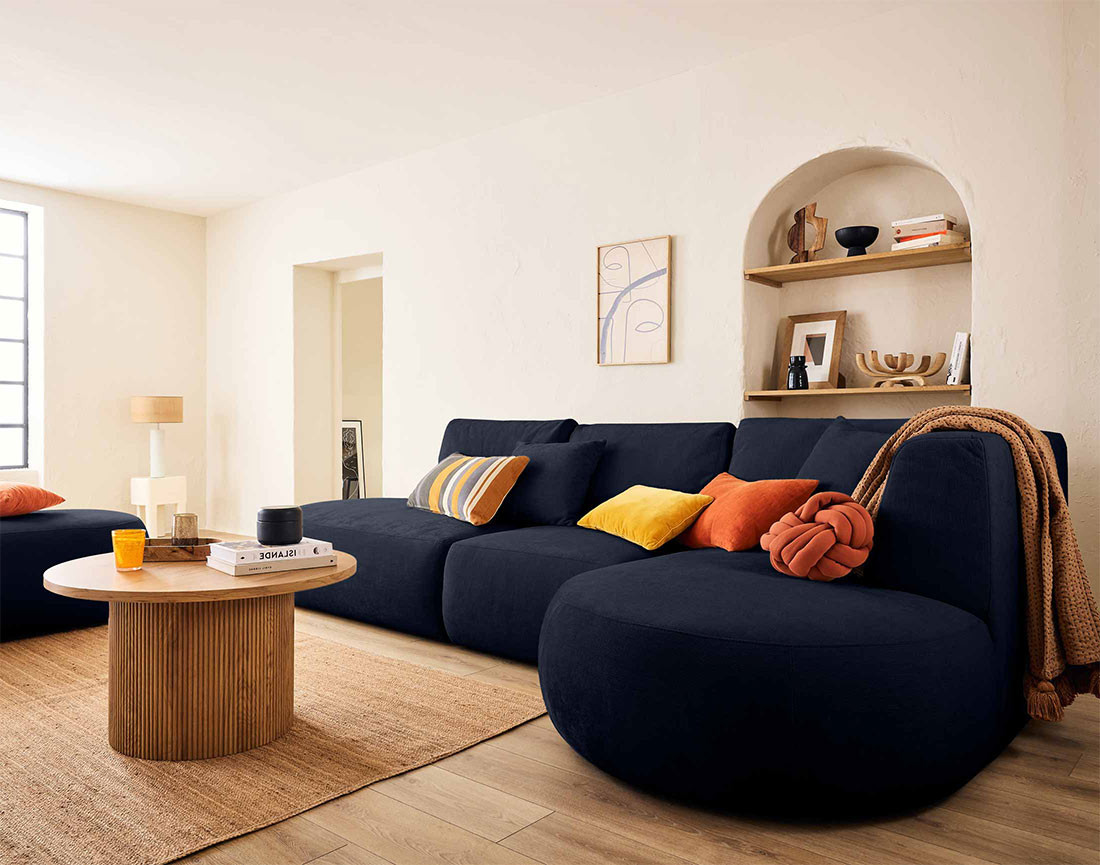 Canapé modulable d'angle droit avec pouf 5 places en tissu texturé Santorini