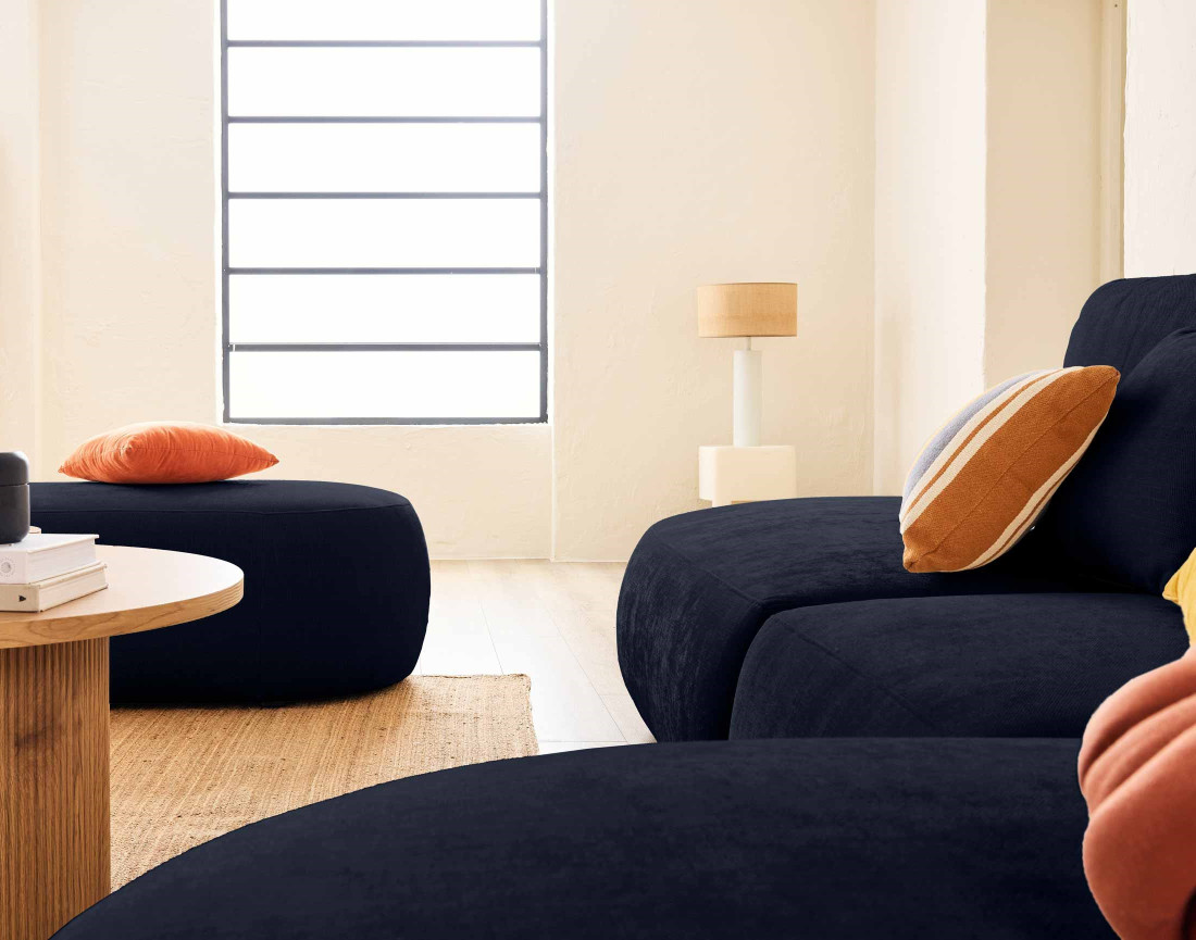 Canapé modulable d'angle droit avec pouf 5 places en tissu texturé Santorini