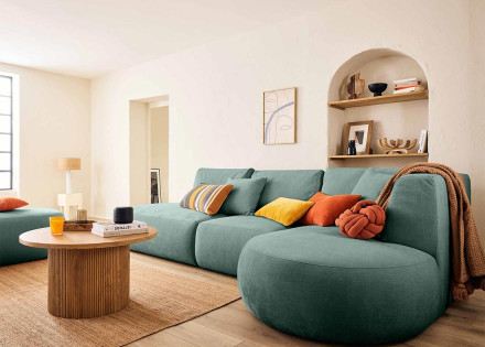 Canapé modulable d'angle droit avec pouf 5 places en tissu texturé Santorini