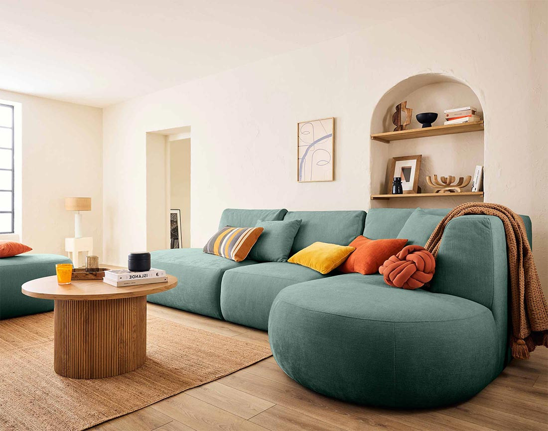 Canapé modulable d'angle droit avec pouf 5 places en tissu texturé Santorini