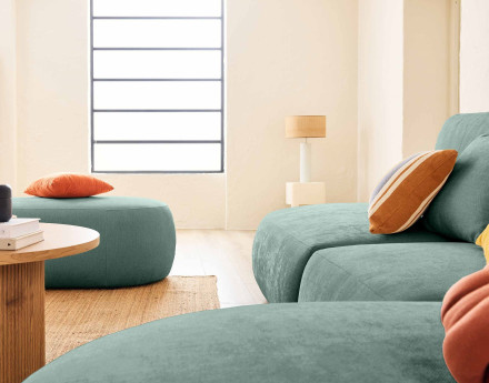 Canapé modulable d'angle droit avec pouf 5 places en tissu texturé Santorini