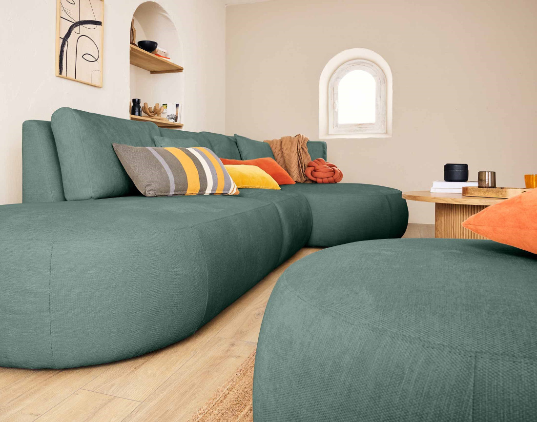 Canapé modulable d'angle droit avec pouf 5 places en tissu texturé Santorini