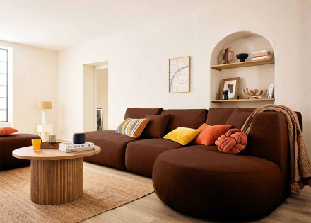 Canapé modulable d'angle droit avec pouf 5 places en tissu texturé Santorini