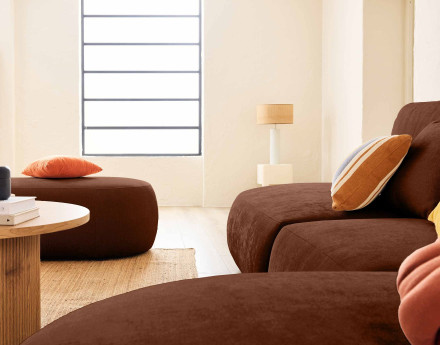 Canapé modulable d'angle droit avec pouf 5 places en tissu texturé Santorini