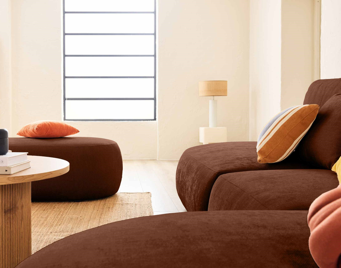 Canapé modulable d'angle droit avec pouf 5 places en tissu texturé Santorini