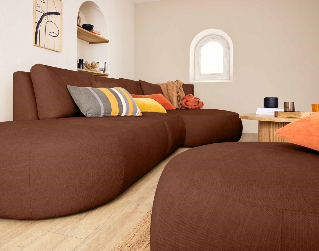 Canapé modulable d'angle droit avec pouf 5 places en tissu texturé Santorini