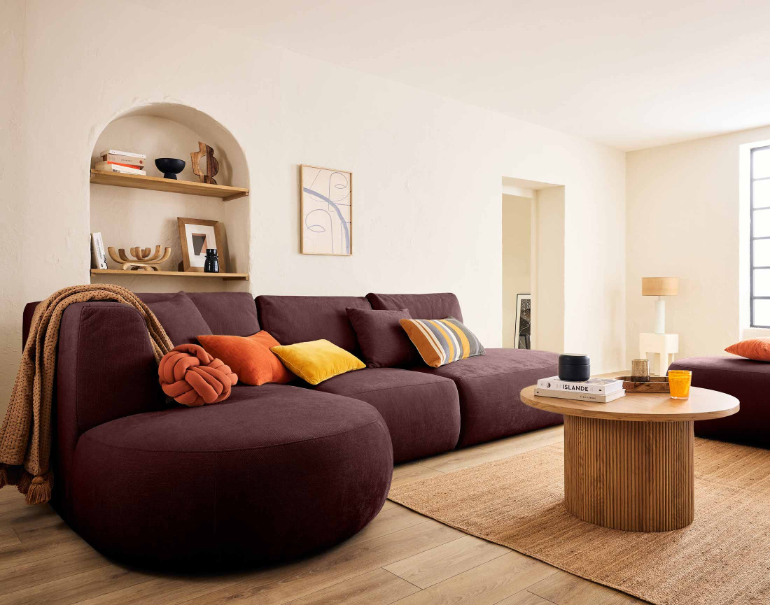 Canapé modulable d'angle gauche avec pouf 5 places en tissu texturé Santorini