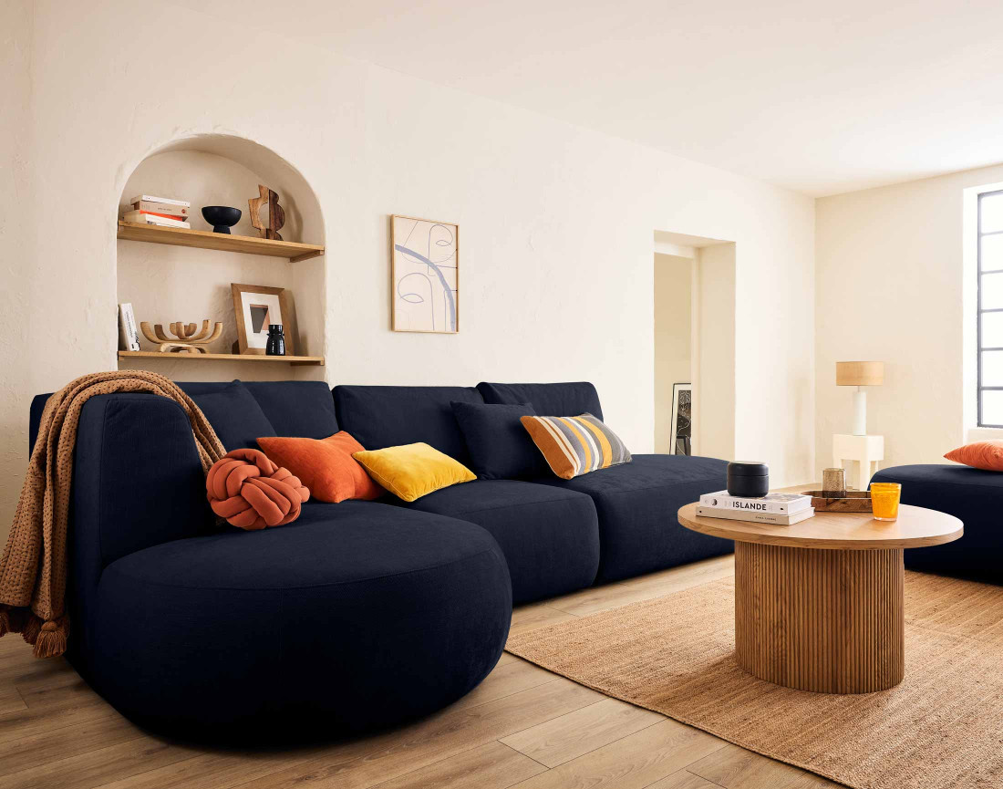 Canapé modulable d'angle gauche avec pouf 5 places en tissu texturé Santorini