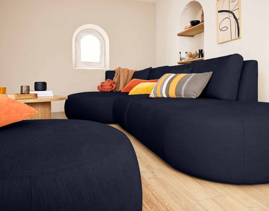 Canapé modulable d'angle gauche avec pouf 5 places en tissu texturé Santorini