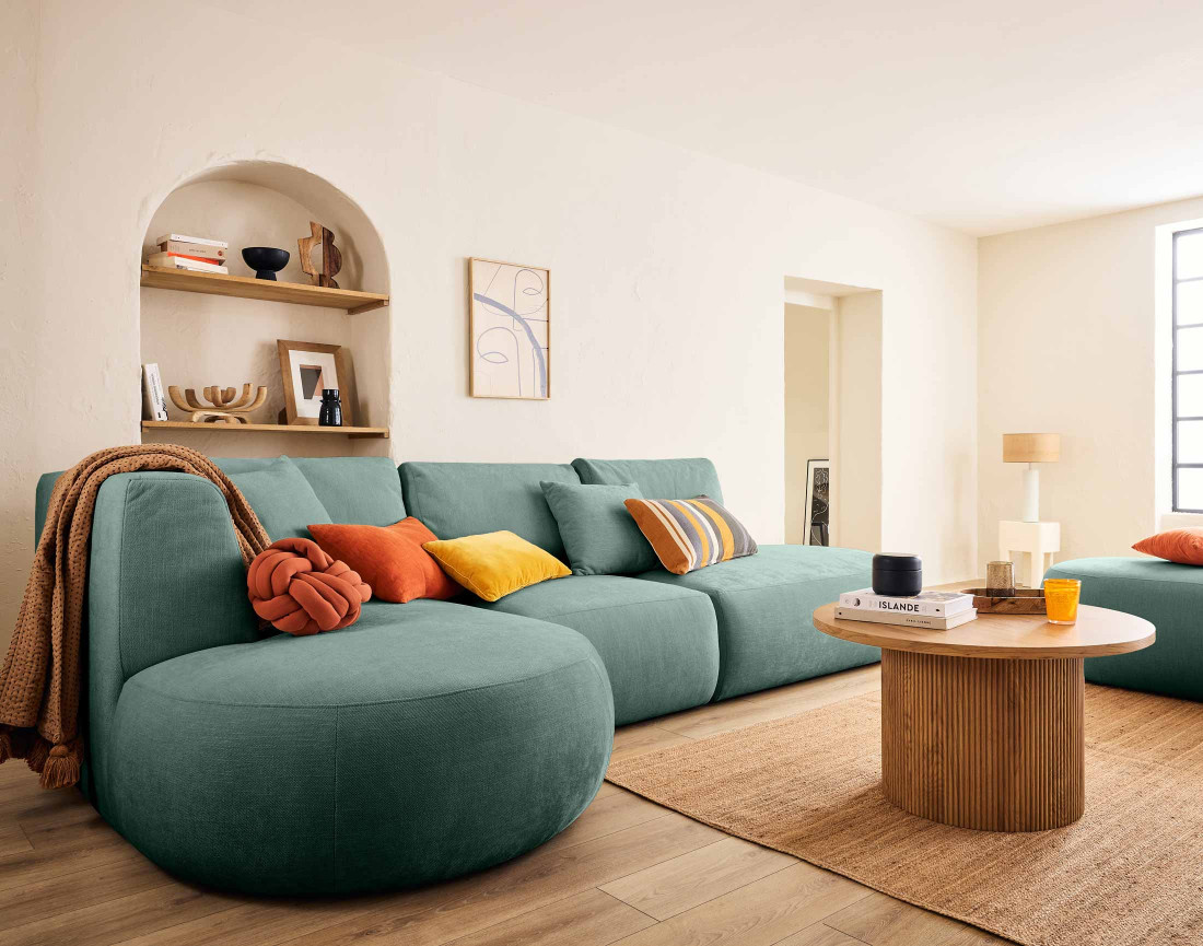 Canapé modulable d'angle gauche avec pouf 5 places en tissu texturé Santorini