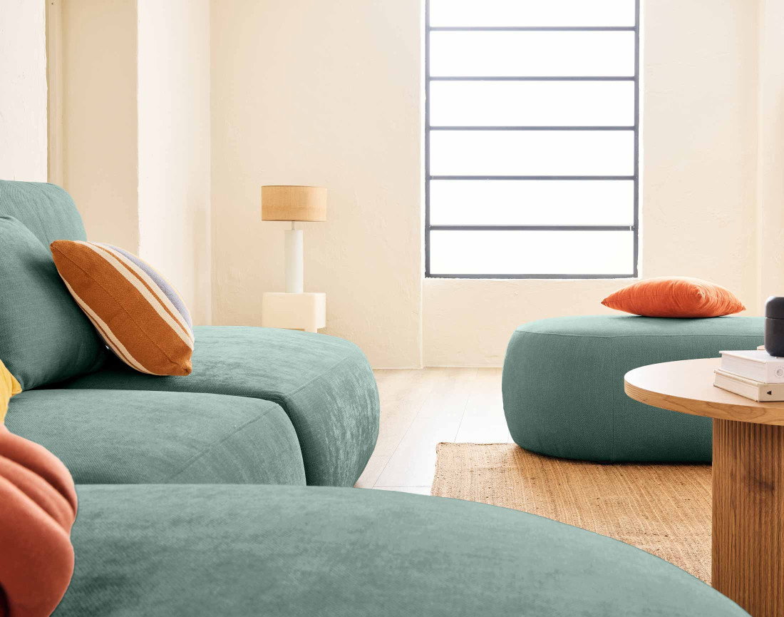 Canapé modulable d'angle gauche avec pouf 5 places en tissu texturé Santorini