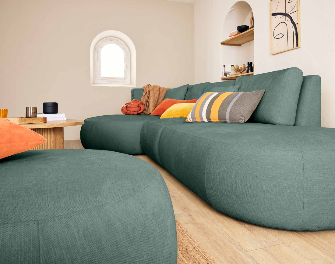 Canapé modulable d'angle gauche avec pouf 5 places en tissu texturé Santorini