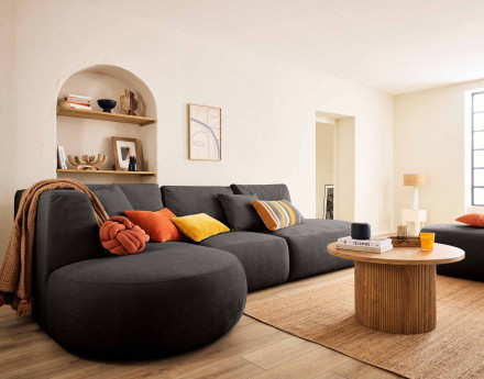 Canapé modulable d'angle gauche avec pouf 5 places en tissu texturé Santorini