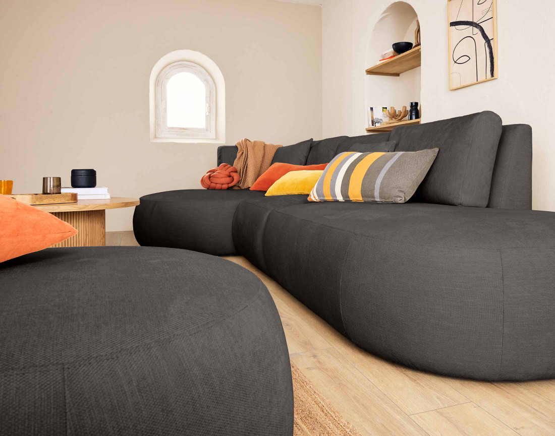 Canapé modulable d'angle gauche avec pouf 5 places en tissu texturé Santorini Canapé modulable d'angle gauche avec pouf 5 places en tissu texturé Santorini
