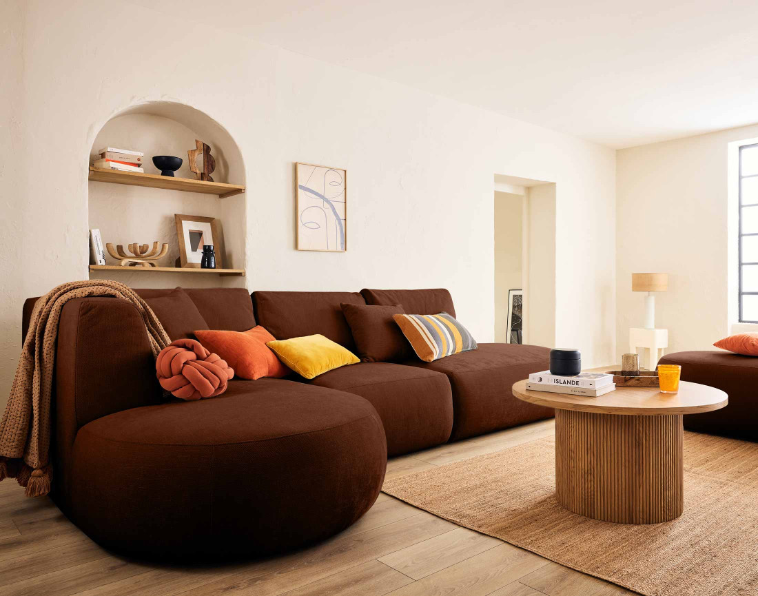 Canapé modulable d'angle gauche avec pouf 5 places en tissu texturé Santorini