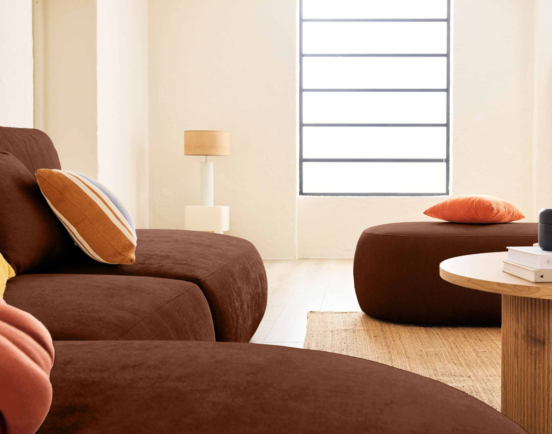 Canapé modulable d'angle gauche avec pouf 5 places en tissu texturé Santorini