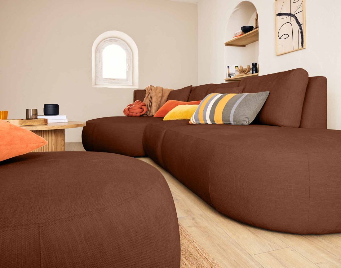 Canapé modulable d'angle gauche avec pouf 5 places en tissu texturé Santorini