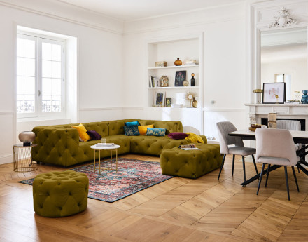 Canapé Chesterfield d'angle droit 5 places en velours Gallata