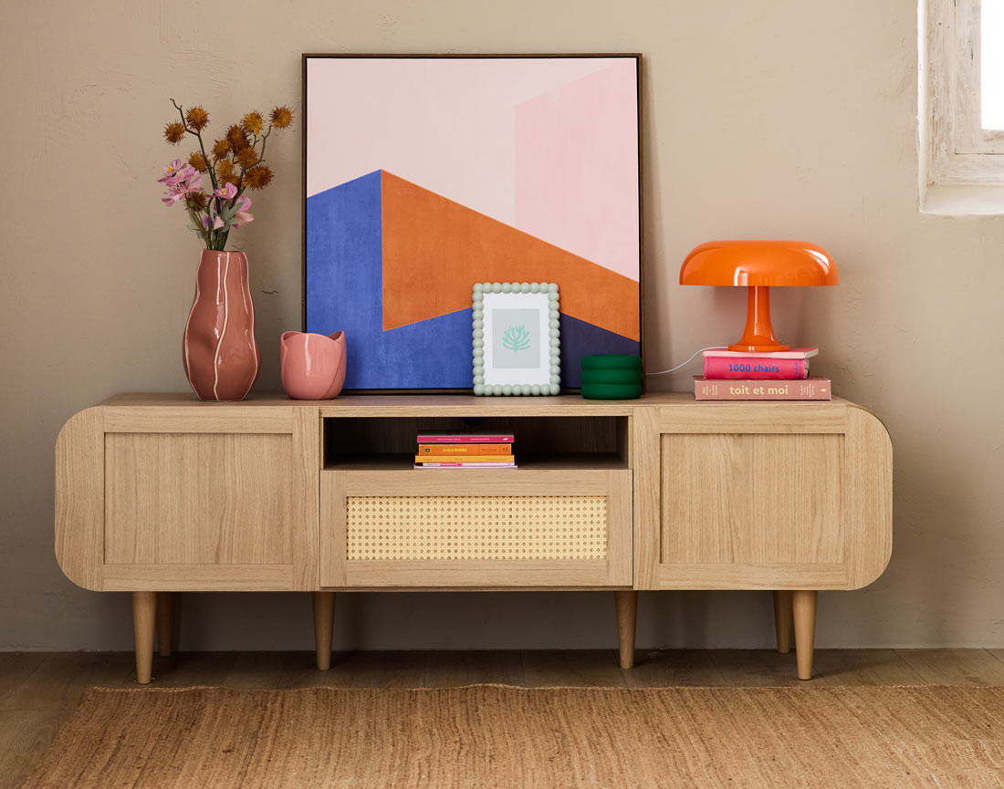 Meuble TV bois et cannage 2 portes, 1 tiroir et 1 niche 160 cm Mathilde