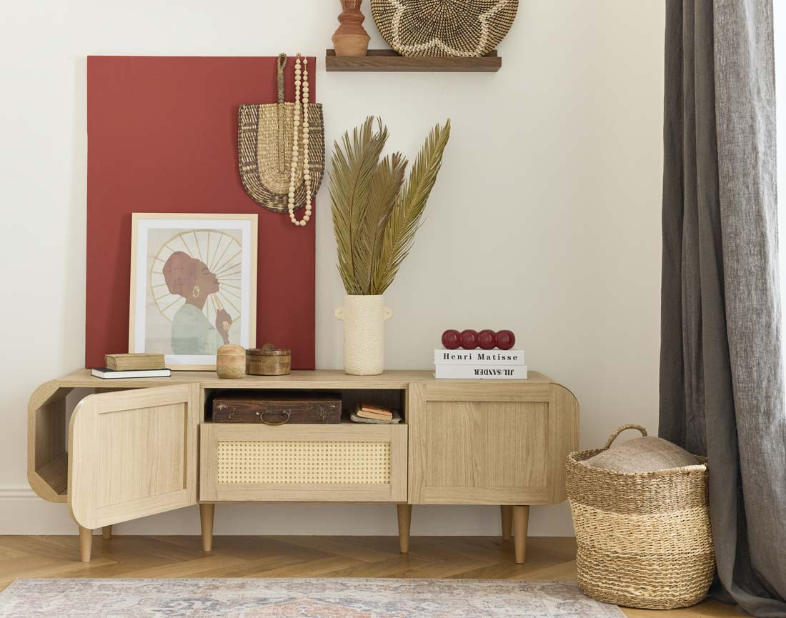 Meuble TV bois et cannage 2 portes, 1 tiroir et 1 niche 160 cm Mathilde