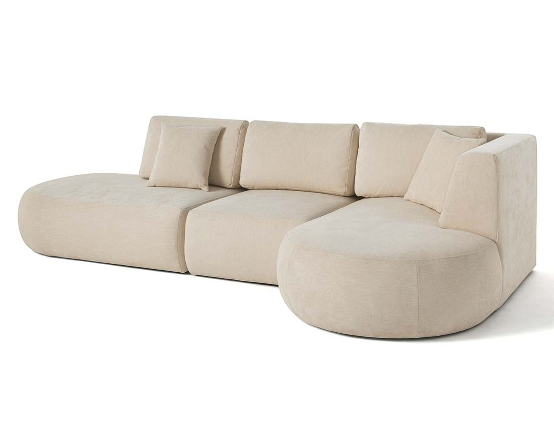 Canapé modulable d'angle droit avec pouf 5 places en tissu texturé Santorini Canapé modulable d'angle droit avec pouf 5 places en tissu texturé Santorini