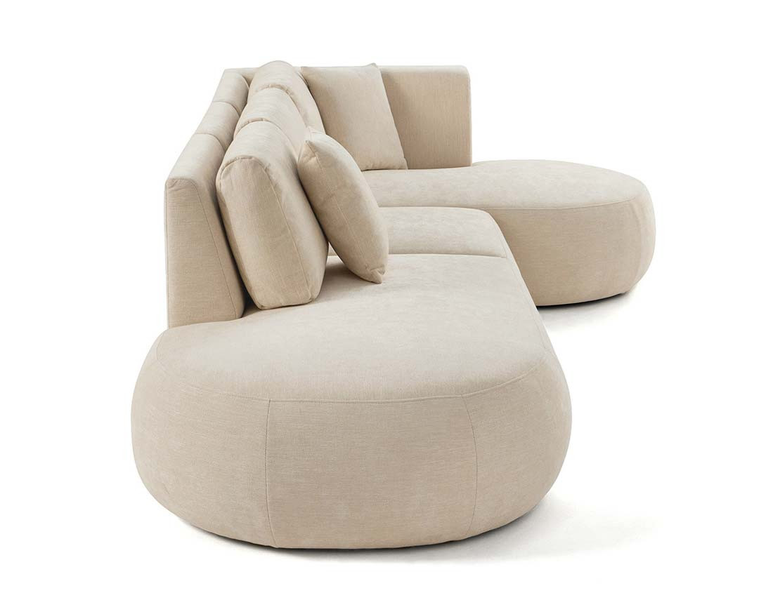 Canapé modulable d'angle droit avec pouf 5 places en tissu texturé Santorini Canapé modulable d'angle droit avec pouf 5 places en tissu texturé Santorini