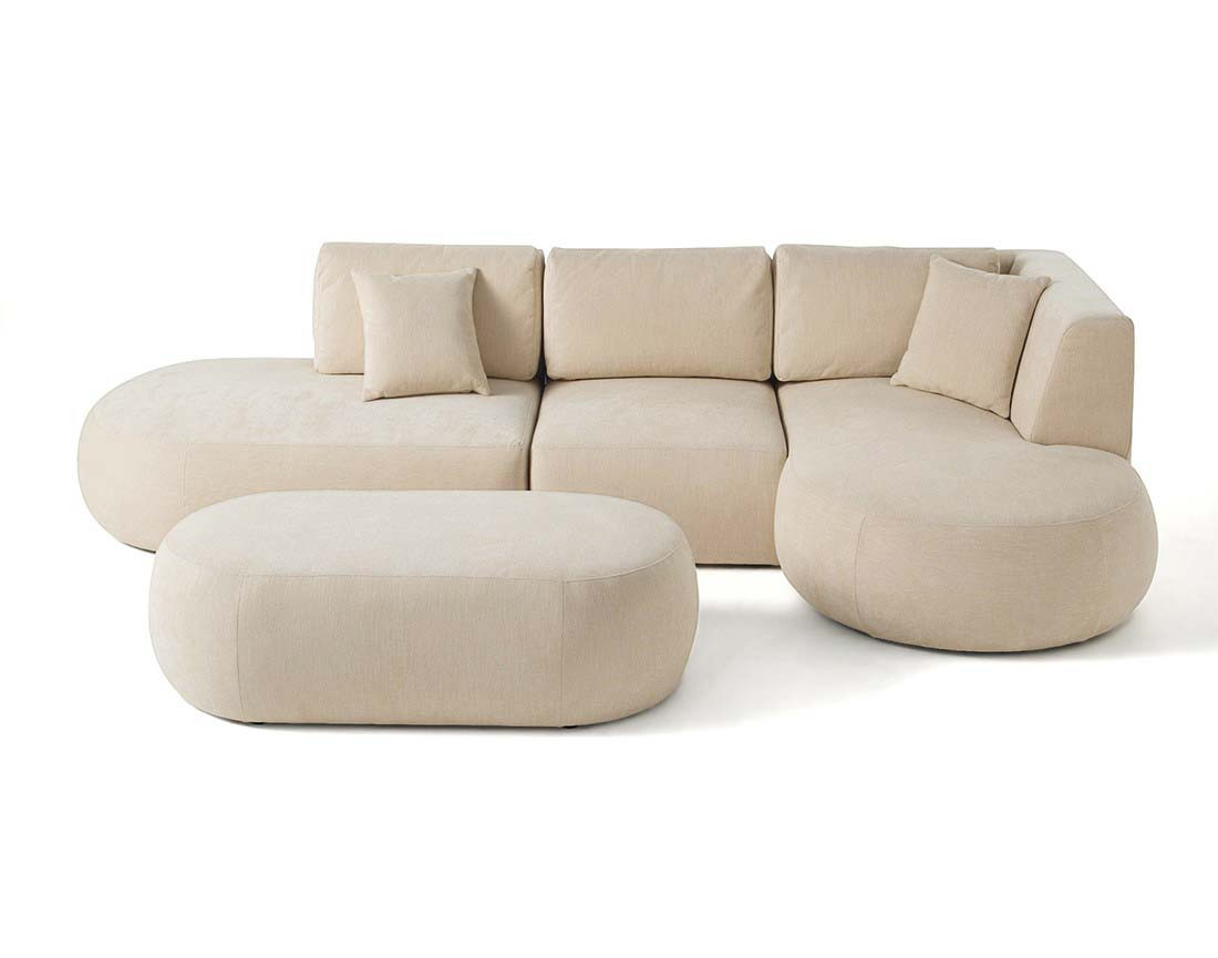 Canapé modulable d'angle droit avec pouf 5 places en tissu texturé Santorini Canapé modulable d'angle droit avec pouf 5 places en tissu texturé Santorini