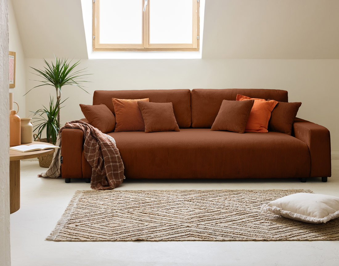 Canapé 3 places convertible avec coffre en velours côtelé Pivoine