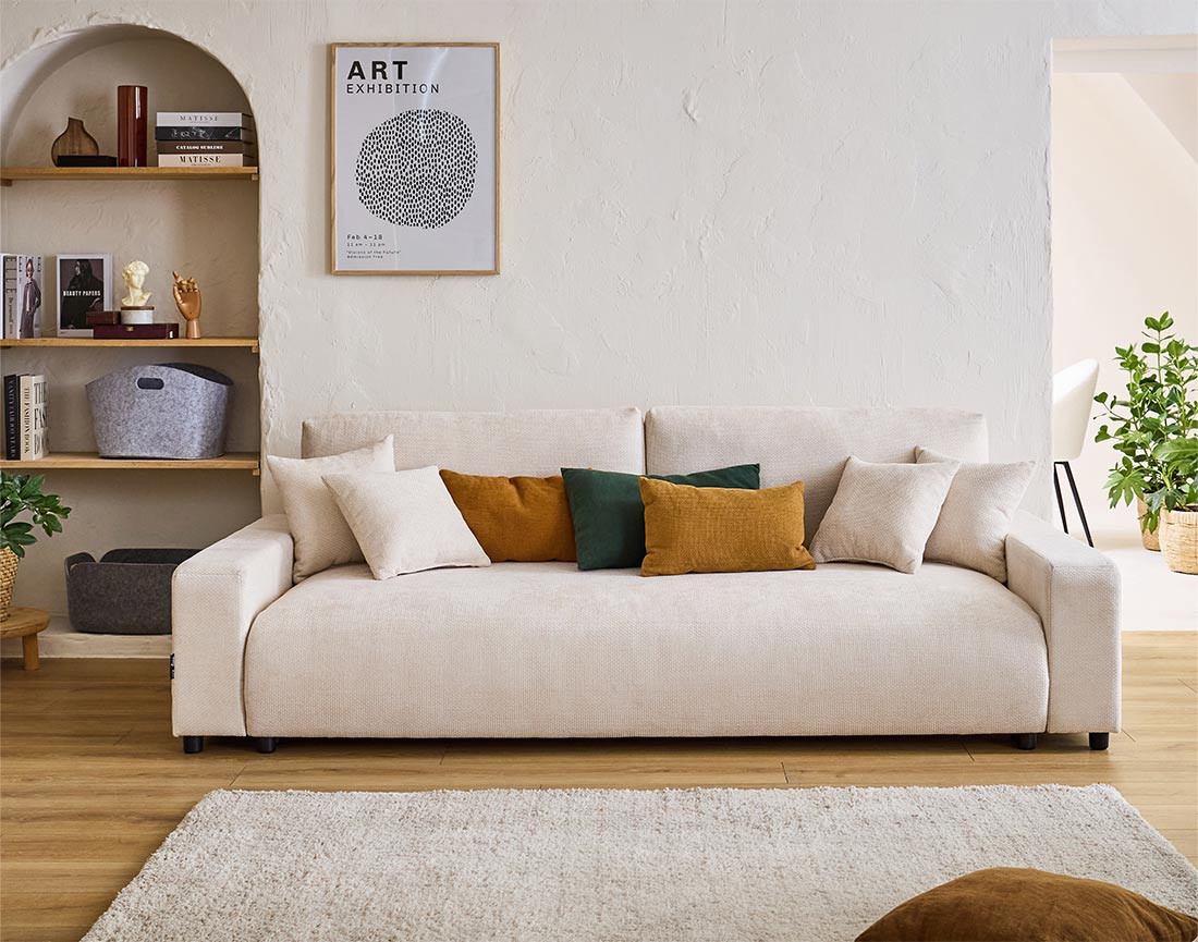 Canapé 3 places convertible avec coffre en velours texturé Pivoine