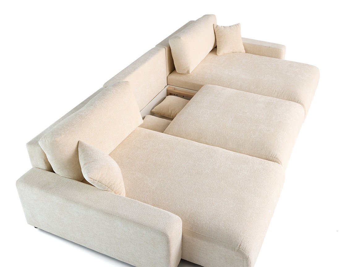 Canapé panoramique en U 7 places convertible avec coffre en velours texturé Pivoine Canapé panoramique en U 7 places convertible avec coffre en velours texturé Pivoine