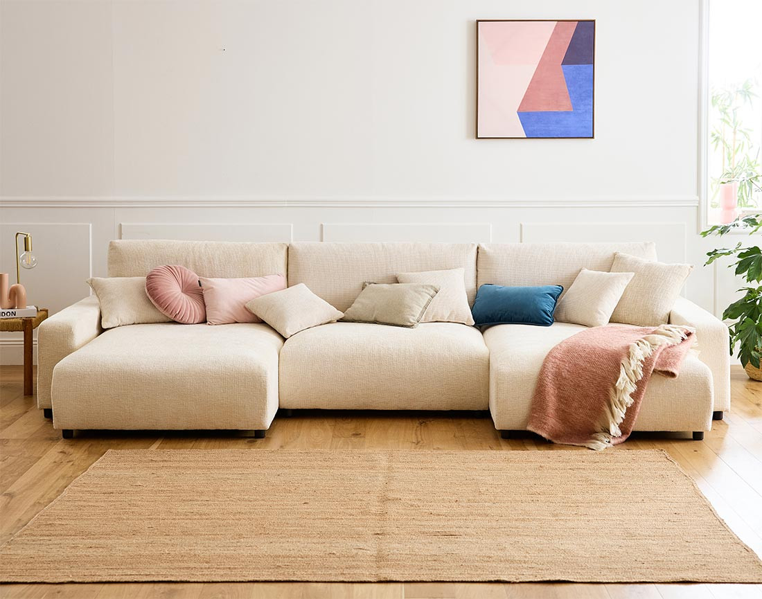 Canapé panoramique en U 7 places convertible avec coffre en velours texturé Pivoine Canapé panoramique en U 7 places convertible avec coffre en velours texturé Pivoine