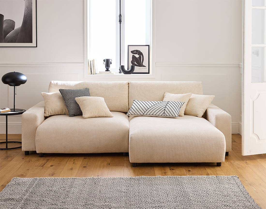 Canapé d'angle réversible 4 places convertible avec coffre en velours texturé Pivoine