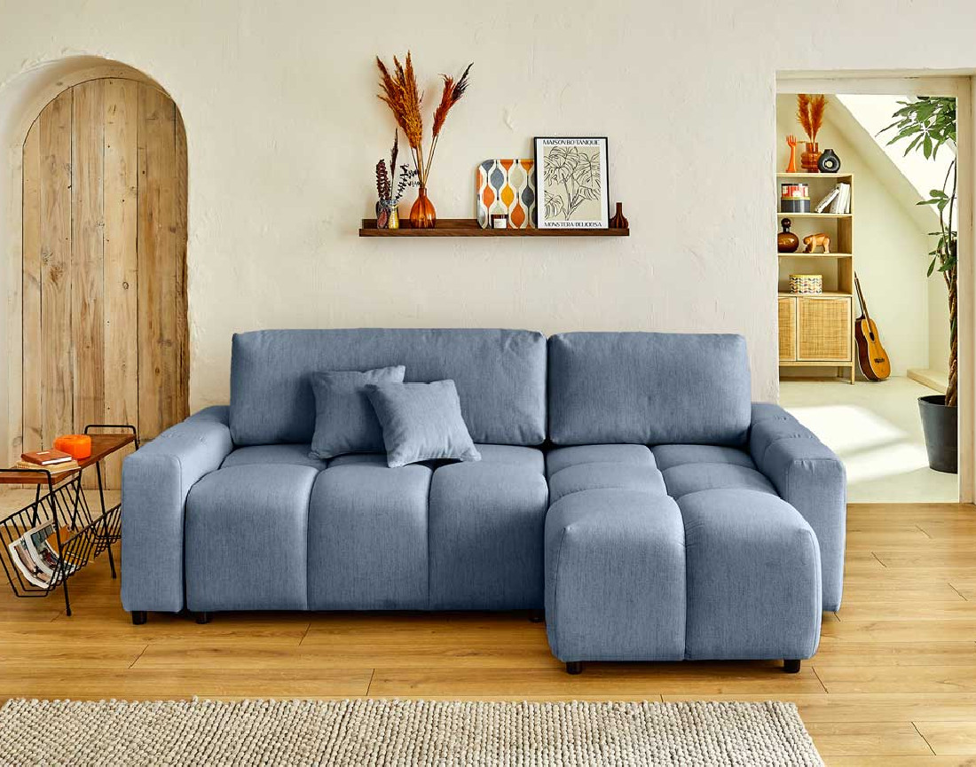 Canapé d'angle réversible convertible avec coffre 4 places en tissu Crocus