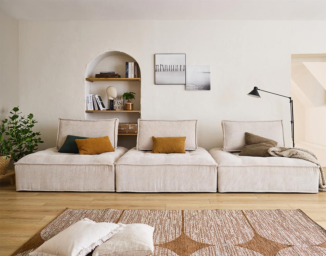 Canapé modulable droit 3 places en velours texturé Marisol