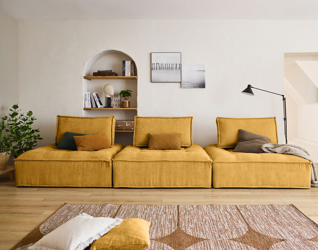 Canapé modulable droit 3 places en velours texturé Marisol