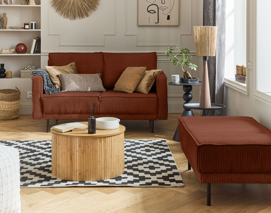 Canapé droit 2 places en velours côtelé Charlie