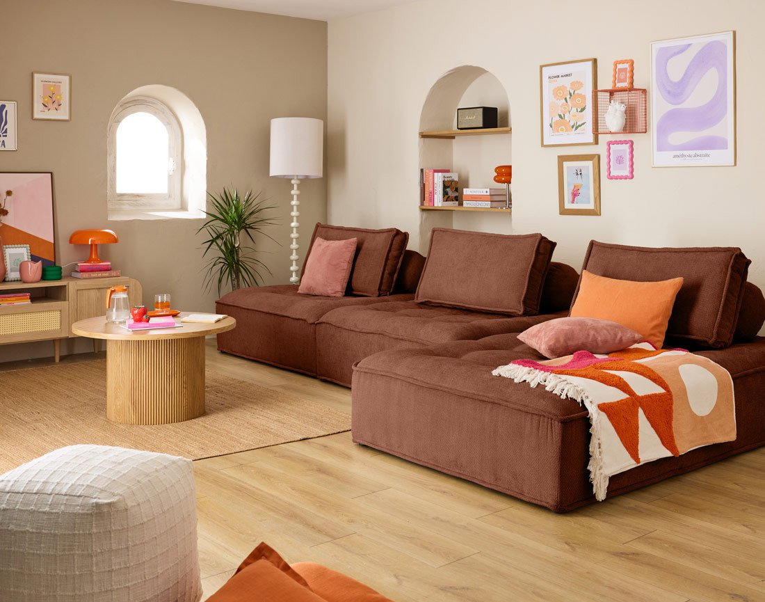 Canapé d'angle modulable 4 places en velours texturé Marisol