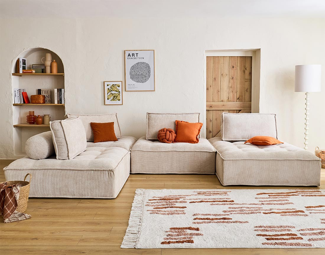 Canapé panoramique modulable 7 places en velours texturé Marisol