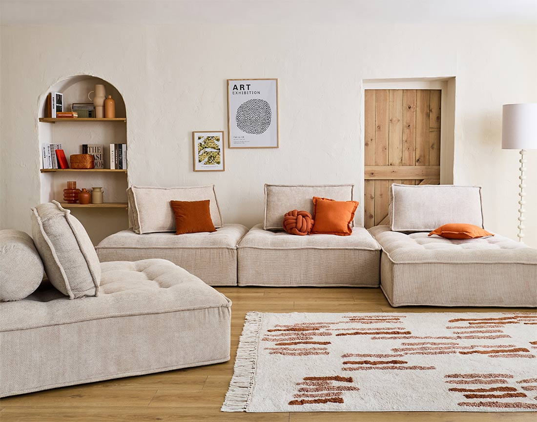 Canapé panoramique modulable 7 places en velours texturé Marisol