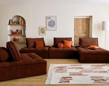 Canapé panoramique modulable 7 places en velours texturé Marisol