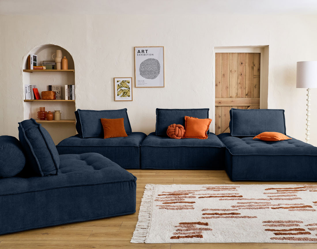 Canapé panoramique modulable 7 places en velours texturé Marisol