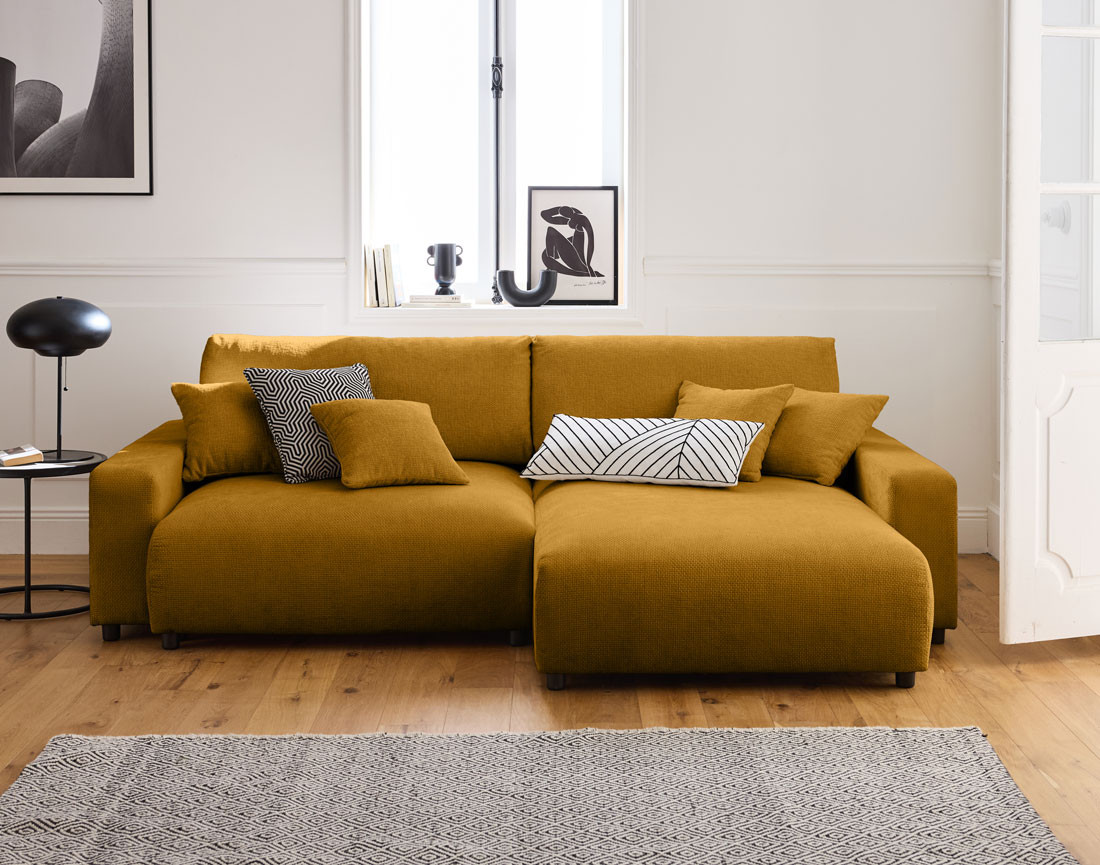 Canapé d'angle réversible 4 places convertible avec coffre en velours texturé Pivoine