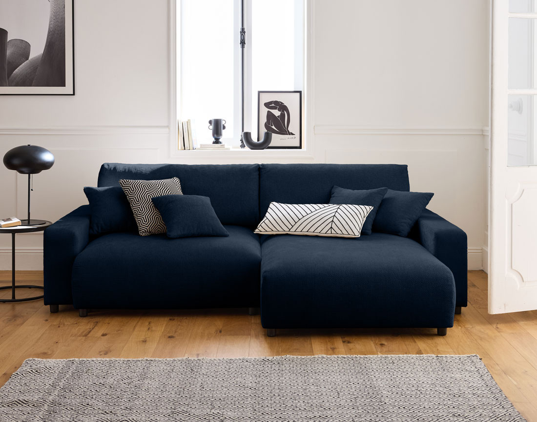 Canapé d'angle réversible 4 places convertible avec coffre en velours texturé Pivoine