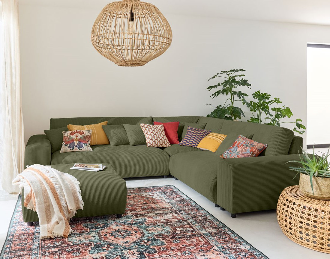 Canapé modulable d'angle droit 5 places en velours côtelé Garance