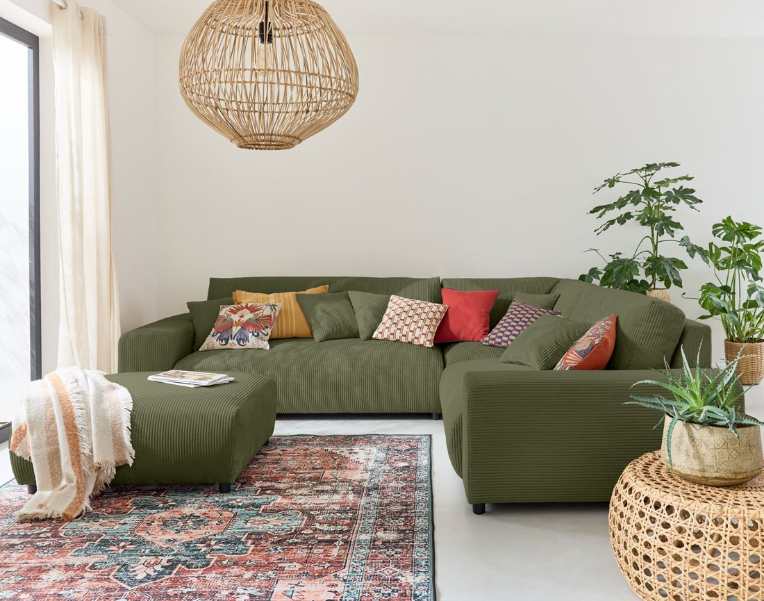 Canapé modulable d'angle droit 5 places en velours côtelé Garance