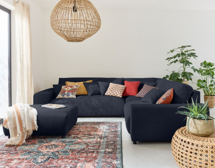 Canapé modulable d'angle droit 5 places en velours côtelé Garance