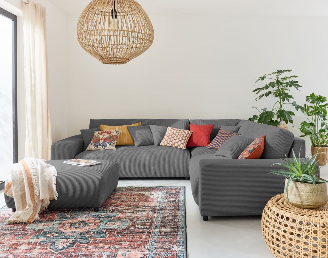 Canapé modulable d'angle droit 5 places en velours côtelé Garance